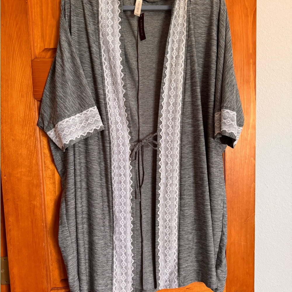 Gray Kimono with White Lace Trim